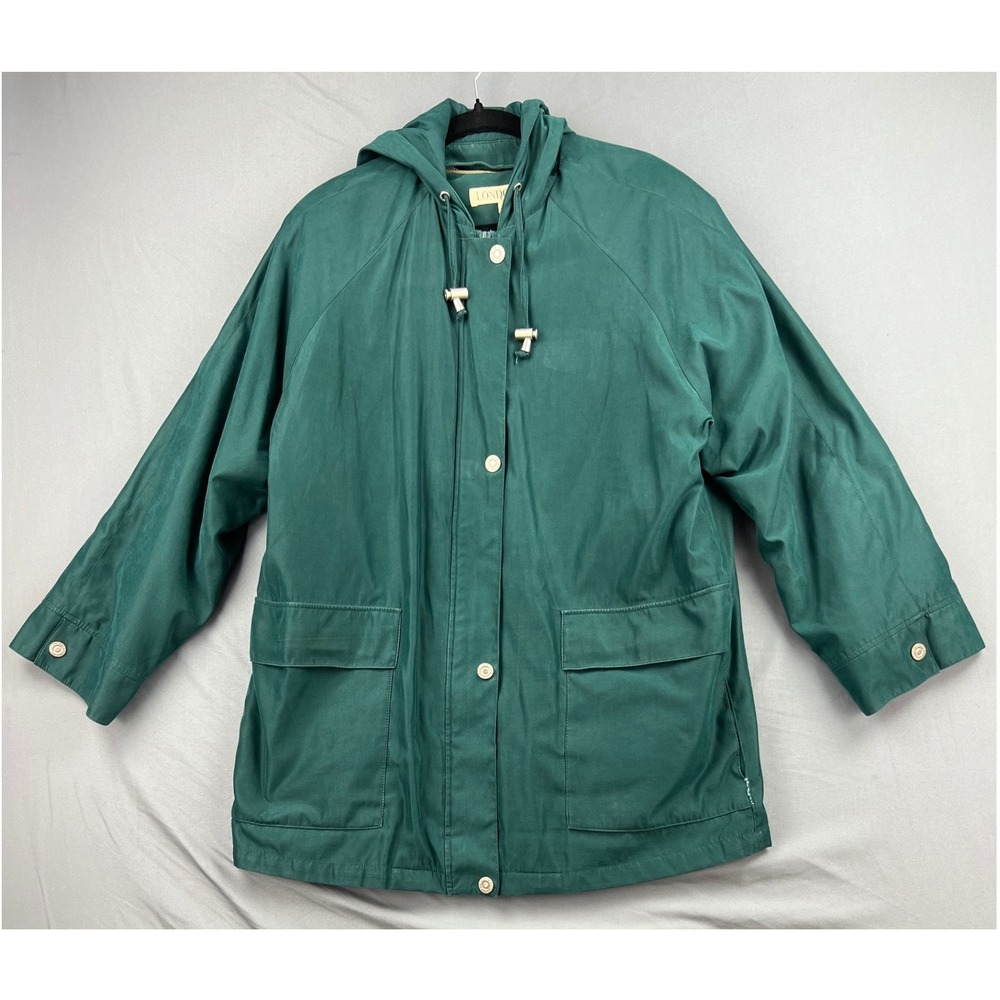 London Fog Jacket Womens Large Hooded Parka Green Quilted Lined Utility Good
